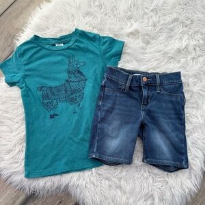Cat & Jack Size 8 Teal Llama Graphic Tee and Long Denim Shorts